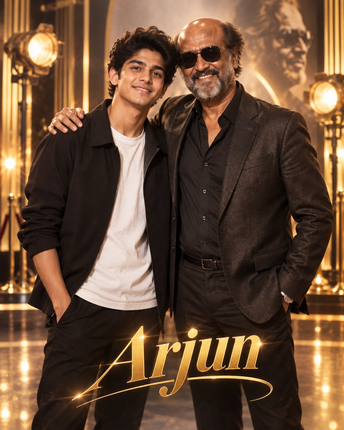 Arjun with Rajinikanth — Studio Portrait Gala Dream Poster — Instagram Posts AI poster reference