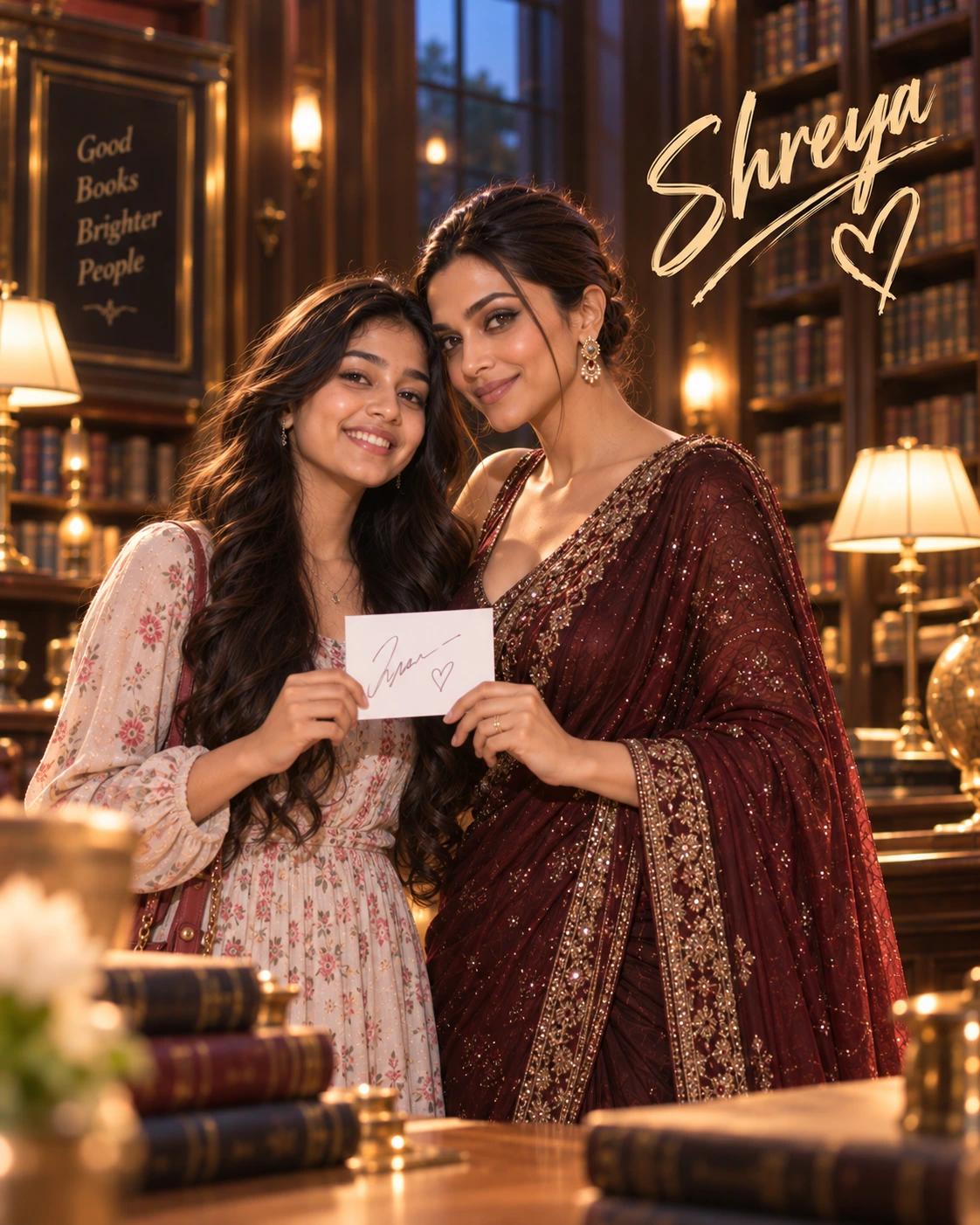 Shreya with Deepika Padukone — Warm Tungsten Luxury Dream Poster — Instagram Posts AI poster reference