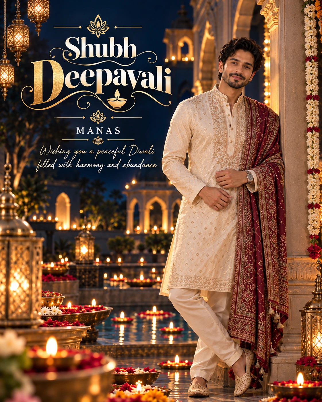 Navy Palace Courtyard Editorial Portrait Diwali Wishes — Manas — Greeting Cards AI poster reference