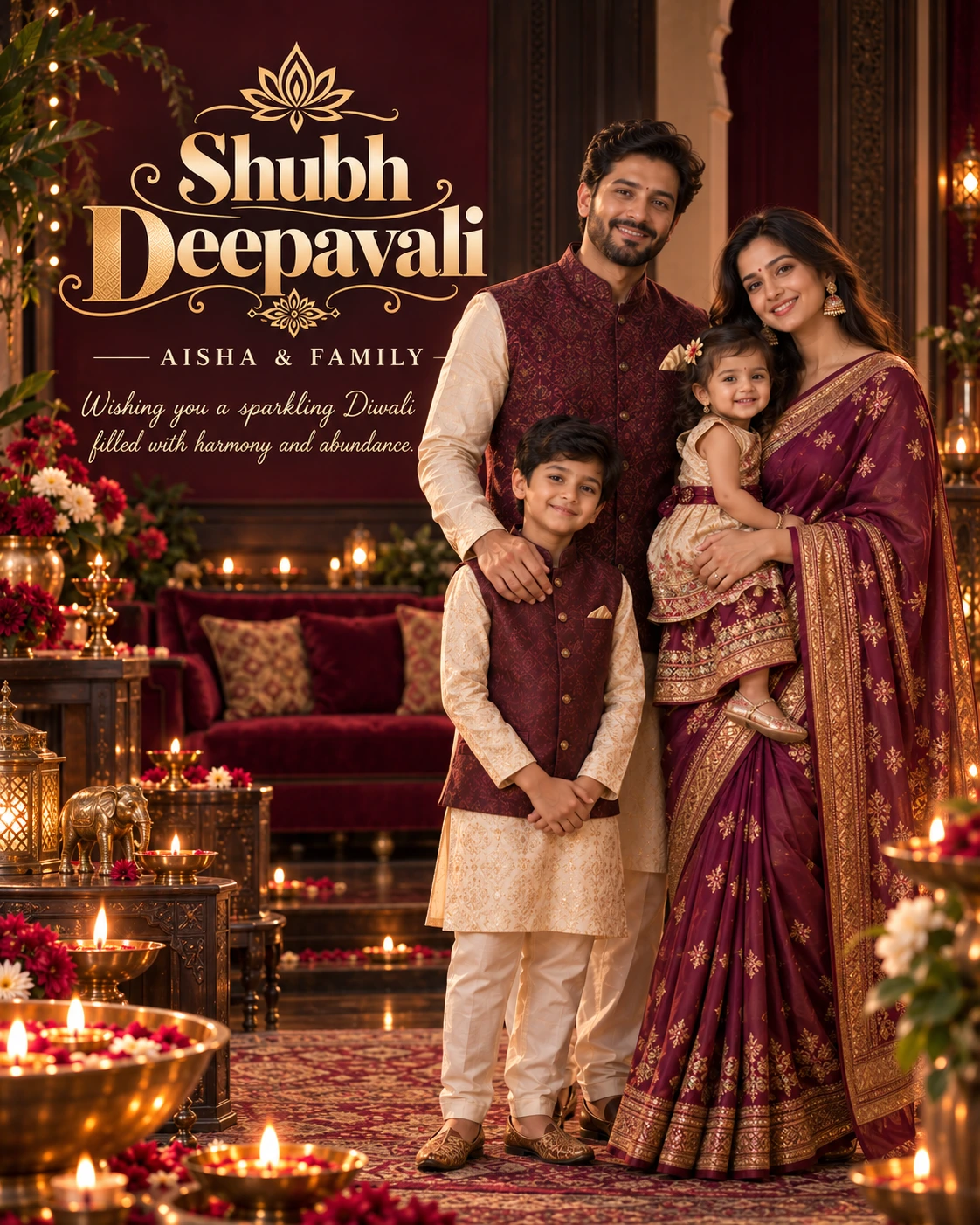 Wine Velvet Lounge Editorial Portrait Diwali Wishes — Aisha & Family — Greeting Cards AI poster reference