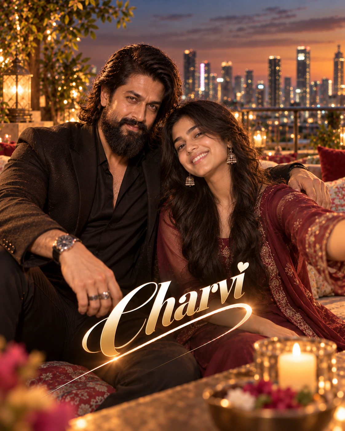 Charvi with Yash — Warm Tungsten Luxury Dream Poster — Instagram Posts AI poster reference
