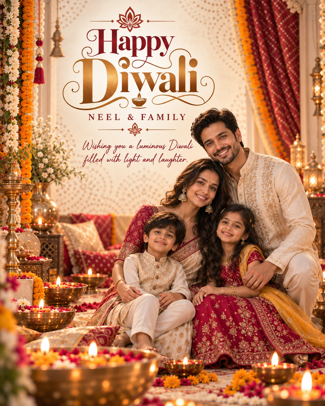 Cream Bandhani Studio Cinematic Layered Story Diwali Wishes — Neel & Family — Greeting Cards AI poster reference