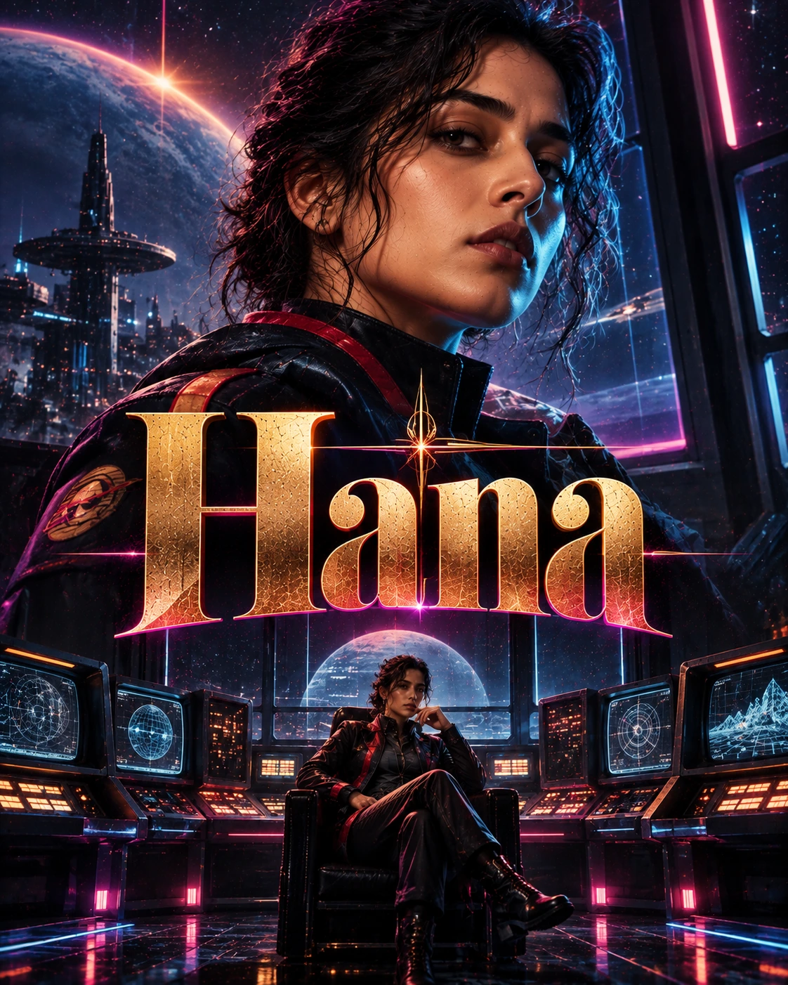 Hana — Retro Sci-Fi Towering Portrait Instagram Poster — Instagram Posts AI poster reference
