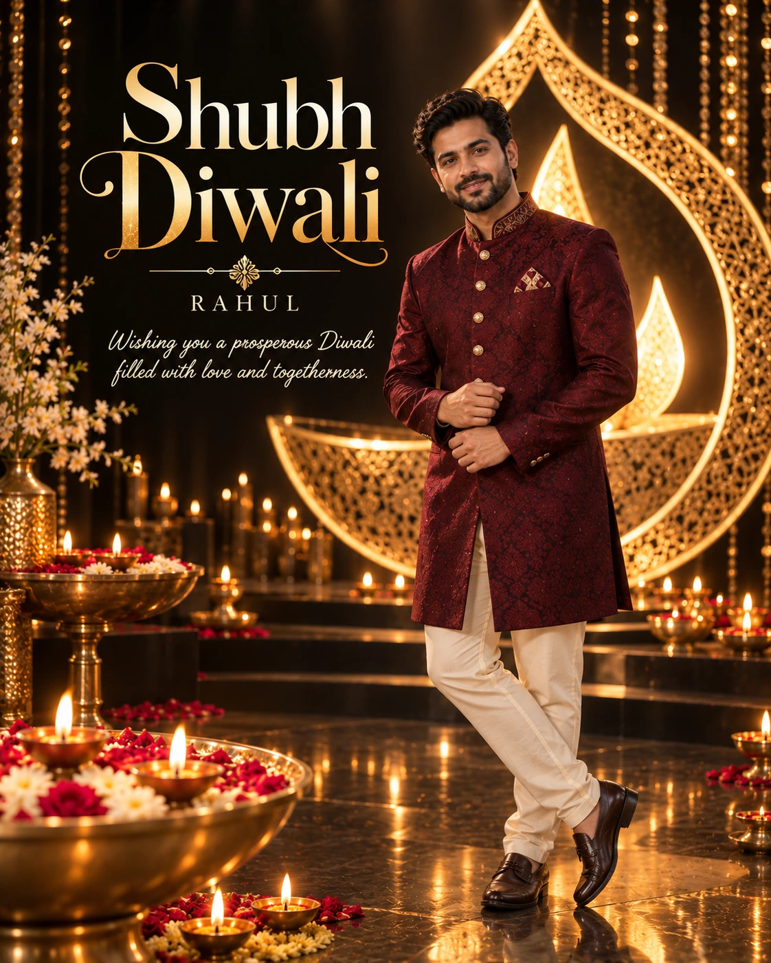 Black Gold Festival Stage Editorial Portrait Diwali Wishes — Rahul — Greeting Cards AI poster reference
