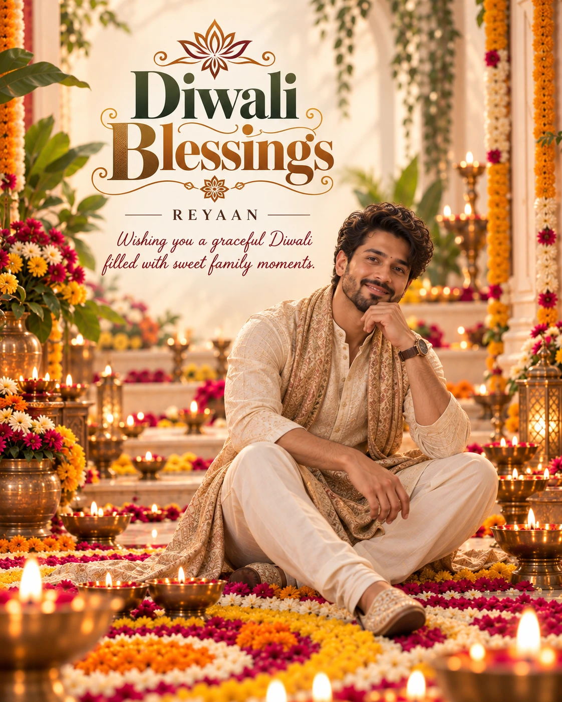 Floral Rangoli Floor Cinematic Layered Story Diwali Wishes — Reyaan — Greeting Cards AI poster reference