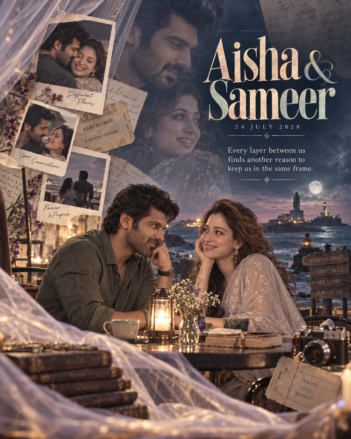 Kanyakumari Letter Layers Layered Romance — Anniversary AI poster reference