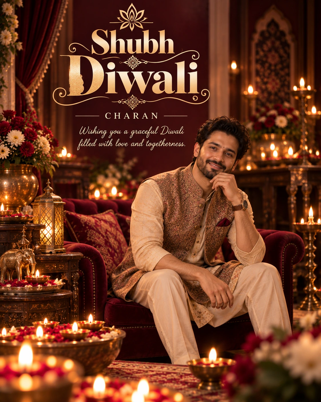 Wine Velvet Lounge Cinematic Layered Story Diwali Wishes — Charan — Greeting Cards AI poster reference