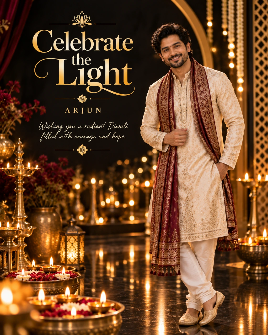 Black Velvet Diya Studio Editorial Portrait Diwali Wishes — Arjun — Greeting Cards AI poster reference