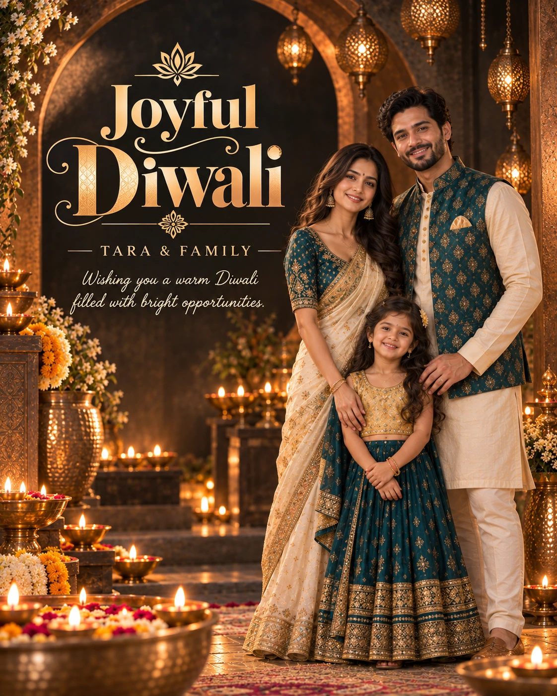 Dark Copper Arch Editorial Portrait Diwali Wishes — Tara & Family — Greeting Cards AI poster reference