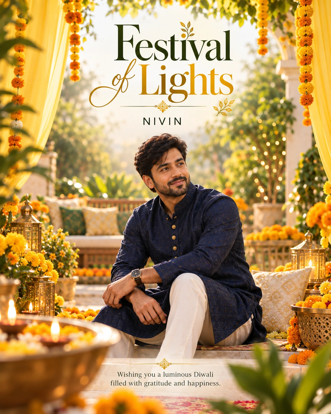 Lemon Marigold Garden Cinematic Layered Story Diwali Wishes — Nivin — Greeting Cards AI poster reference