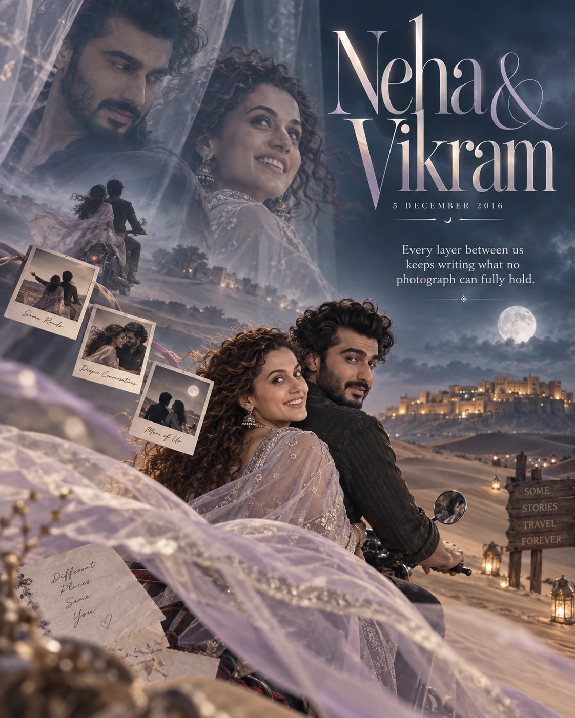 Desert Ridge Polaroid Trail Layered Romance — Anniversary AI poster reference