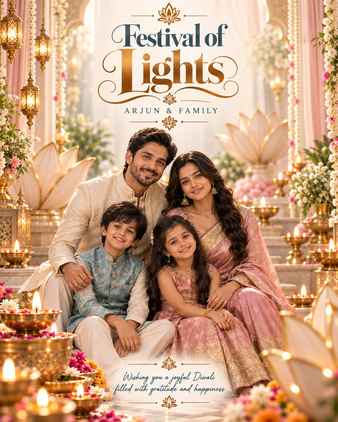 Pearl Lotus Studio Cinematic Layered Story Diwali Wishes — Arjun & Family — Greeting Cards AI poster reference