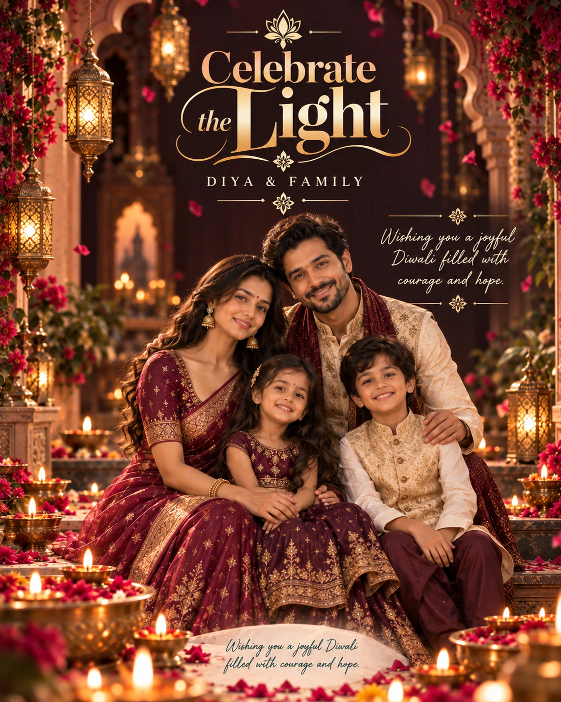 Plum Lantern Arch Cinematic Layered Story Diwali Wishes — Diya & Family — Greeting Cards AI poster reference
