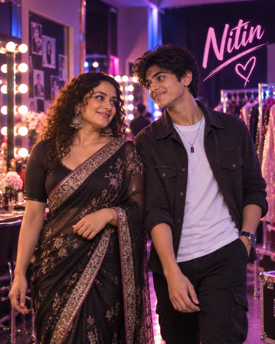 Nitin with Nithya Menen — Neon Night Energy Dream Poster — Instagram Posts AI poster reference