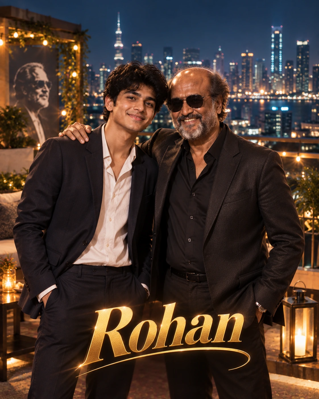 Rohan with Rajinikanth — Rooftop City Lights Dream Poster — Instagram Posts AI poster reference