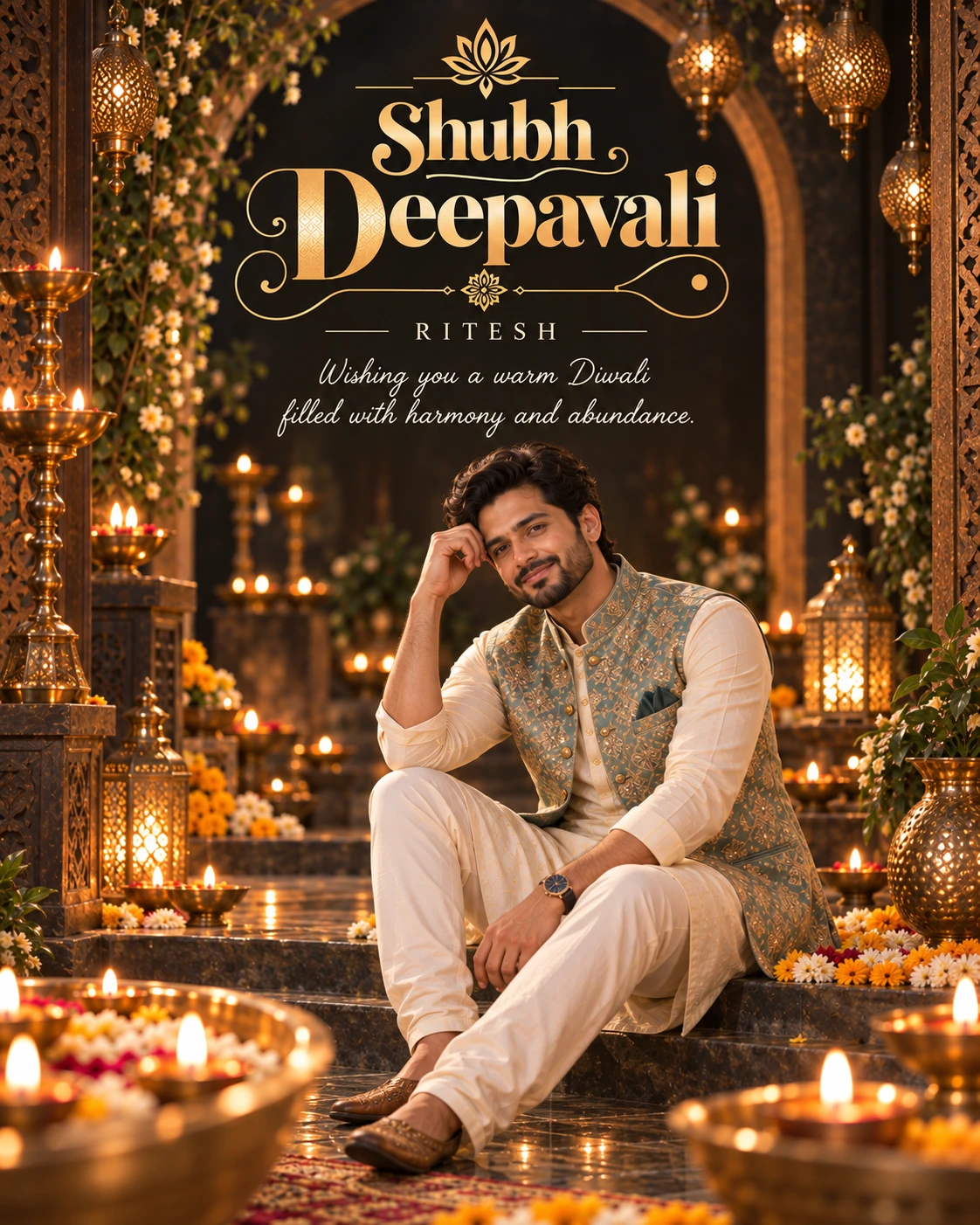 Dark Copper Arch Cinematic Layered Story Diwali Wishes — Ritesh — Greeting Cards AI poster reference