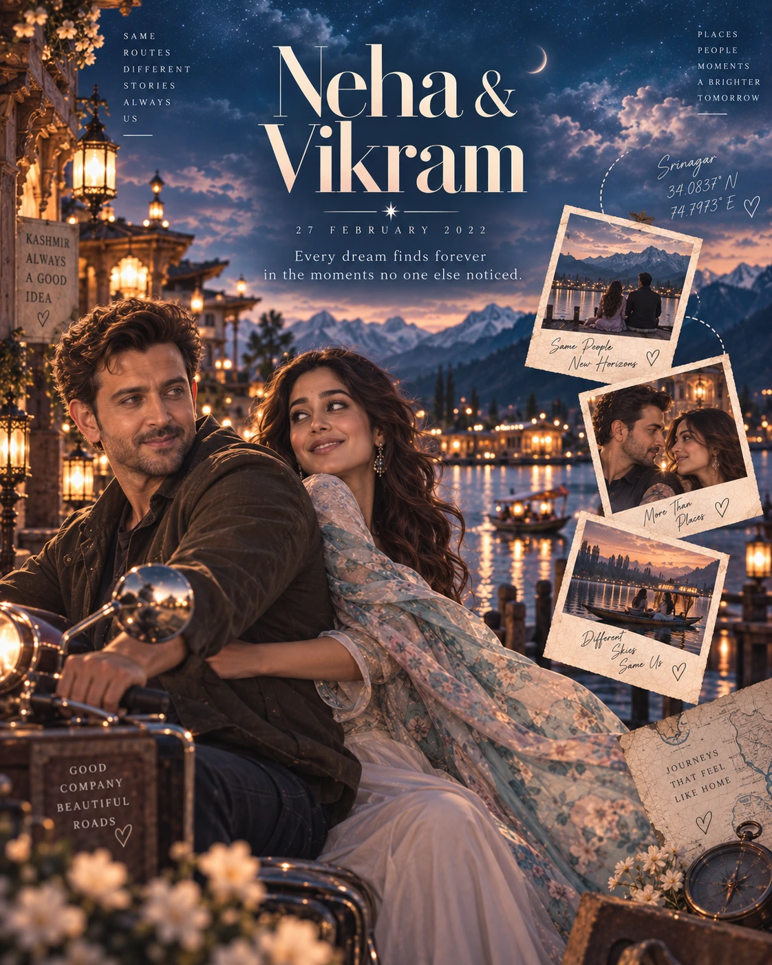 Kashmir Lake Polaroid Trail Dreamscape Couple — Engagement AI poster reference