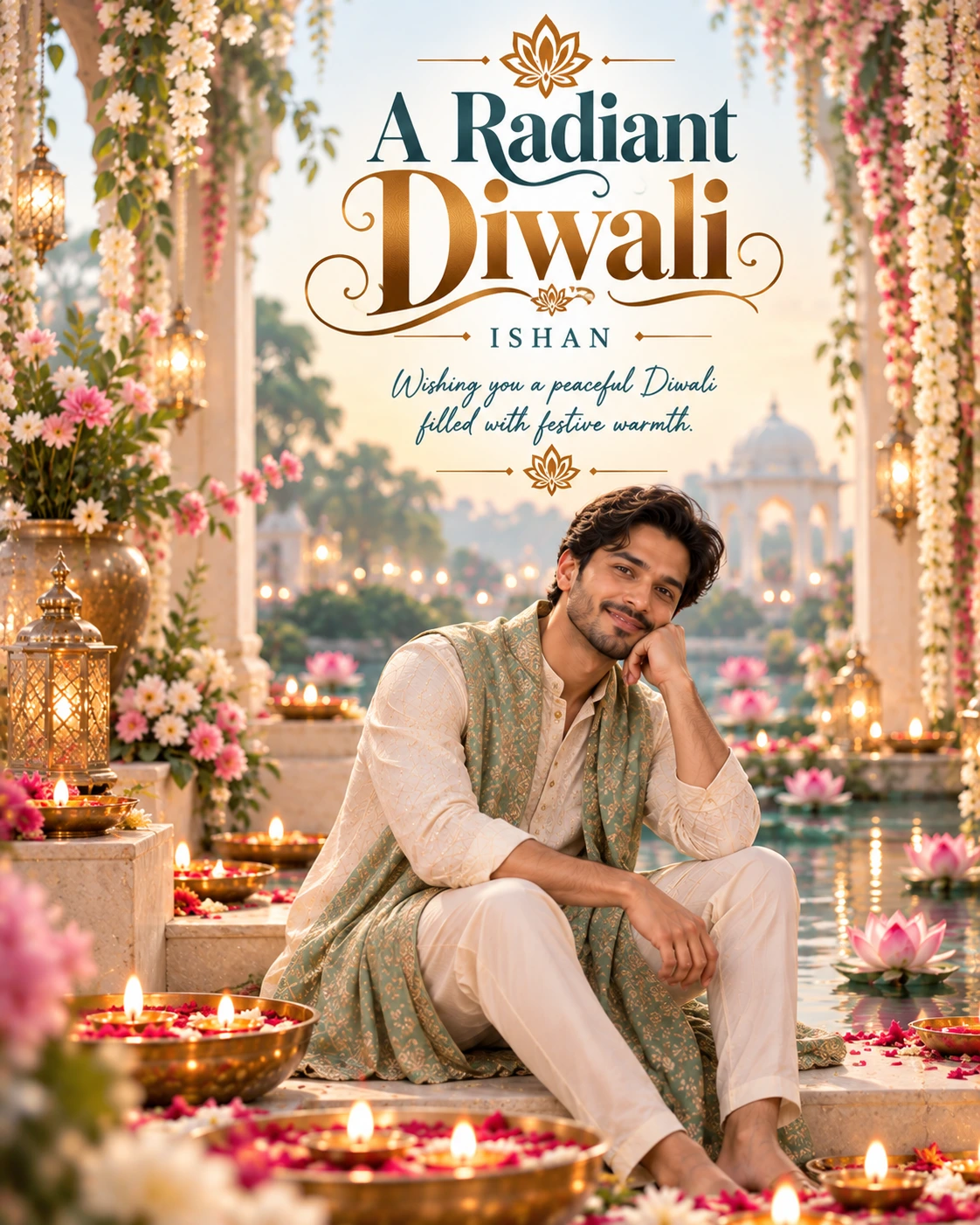 Watercolor Lotus Pond Cinematic Layered Story Diwali Wishes — Ishan — Greeting Cards AI poster reference