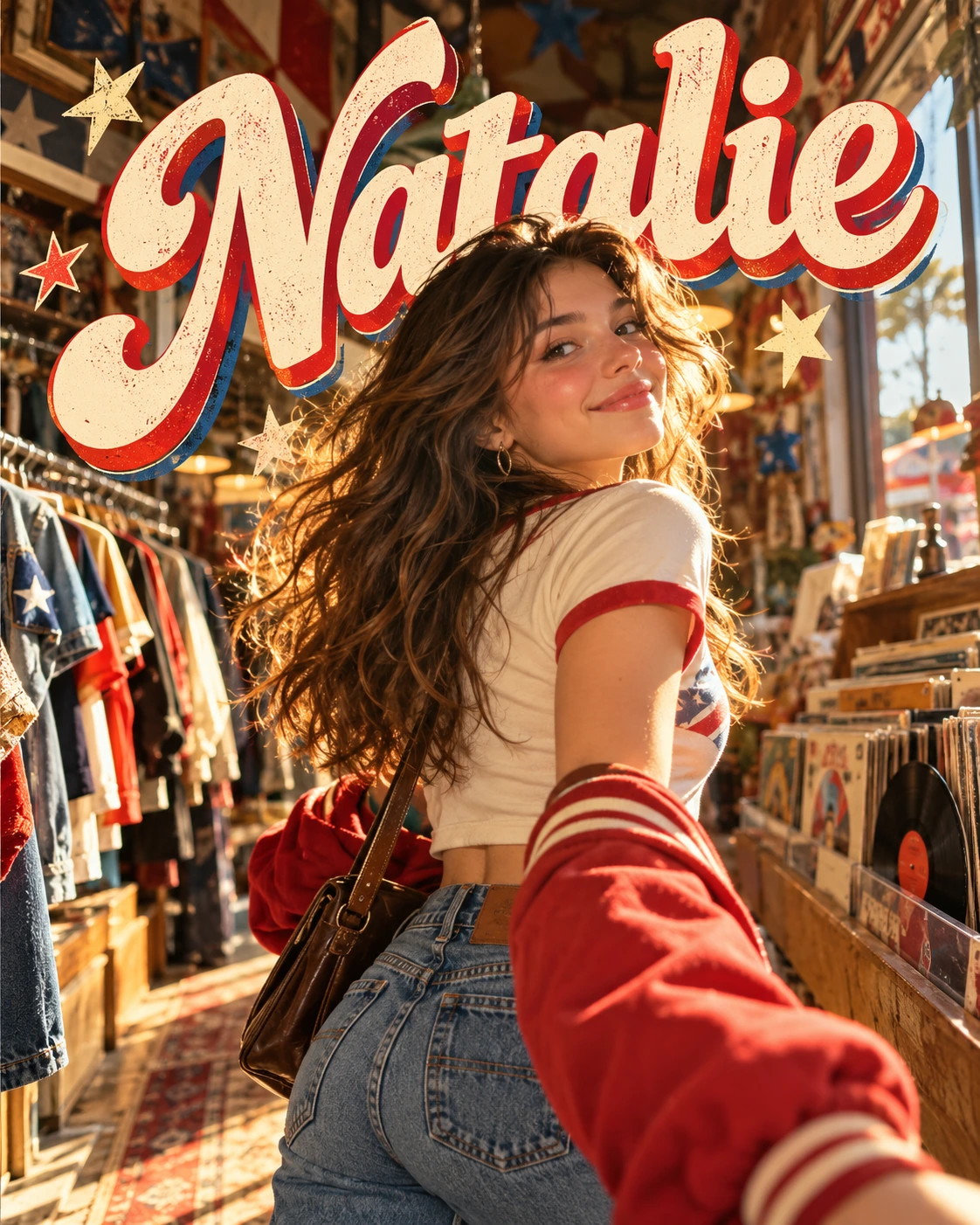 Natalie — Thrifted Vintage Americana Motion Energy Profile Poster — Instagram Posts AI poster reference