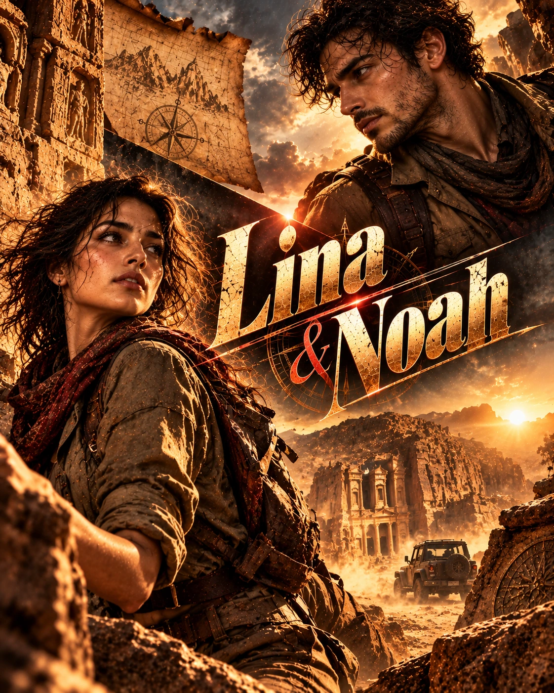 Lina & Noah — Adventure Archaeology Diagonal Energy Instagram Poster — Instagram Posts AI poster reference