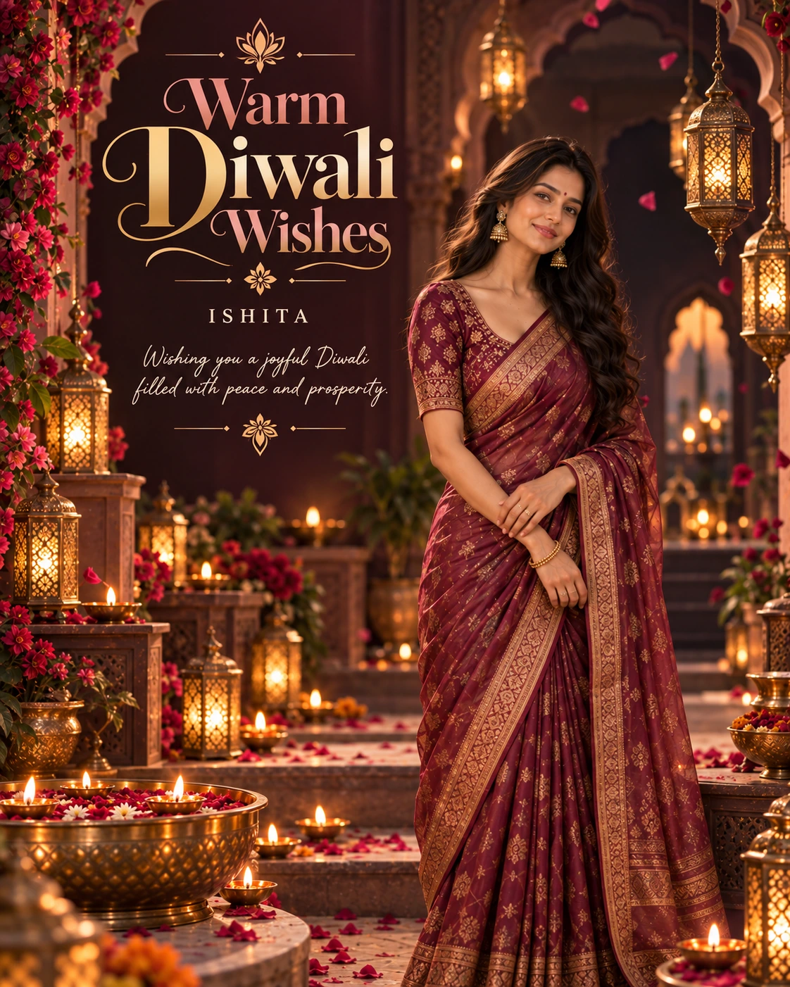 Plum Lantern Arch Editorial Portrait Diwali Wishes — Ishita — Greeting Cards AI poster reference