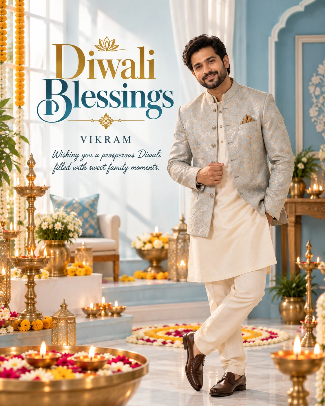 Powder Blue Window Diyas Editorial Portrait Diwali Wishes — Vikram — Greeting Cards AI poster reference