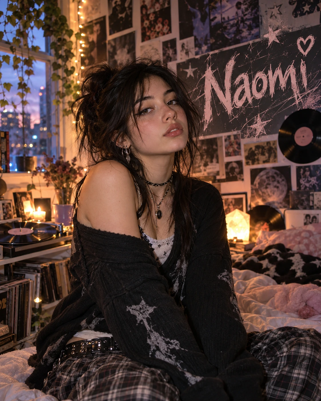 Naomi — Soft Grunge Bedroom Environmental Halfbody Profile Poster — Instagram Posts AI poster reference