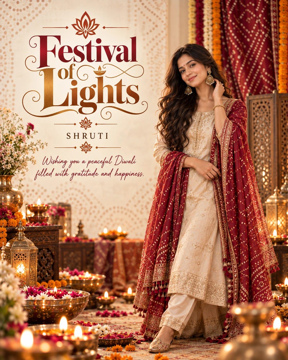 Cream Bandhani Studio Editorial Portrait Diwali Wishes — Shruti — Greeting Cards AI poster reference
