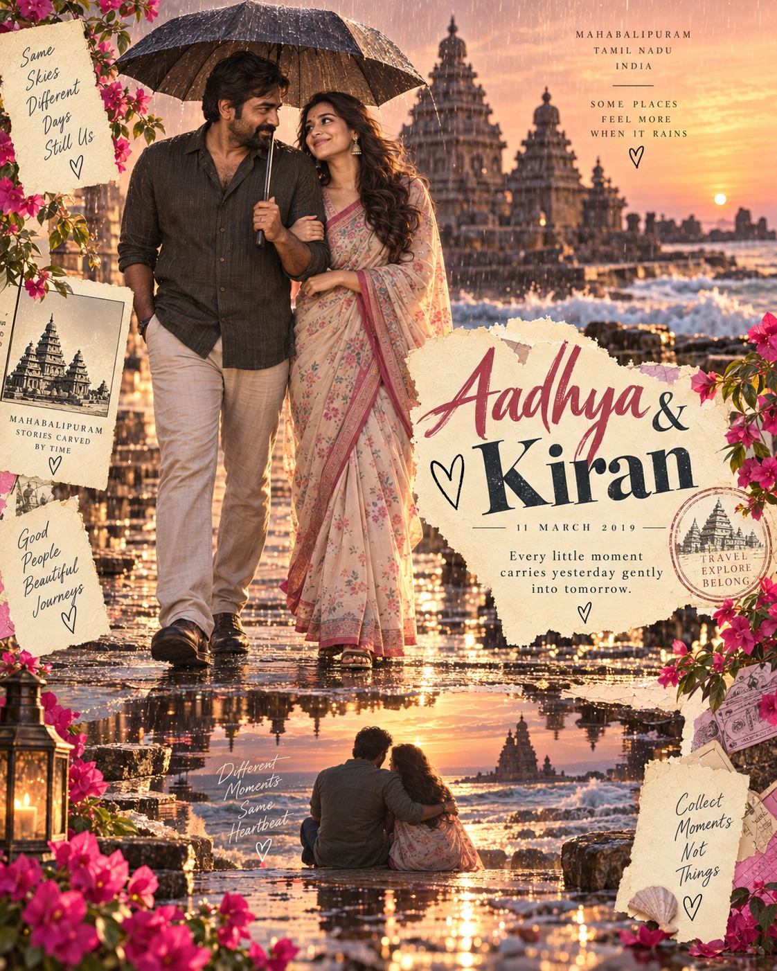 Mahabalipuram Rain Reflection Whimsical Collage — Engagement AI poster reference