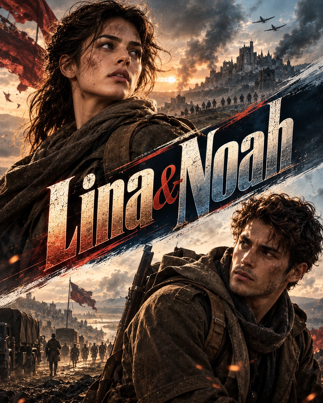 Lina & Noah — War Epic Diagonal Energy Instagram Poster — Instagram Posts AI poster reference