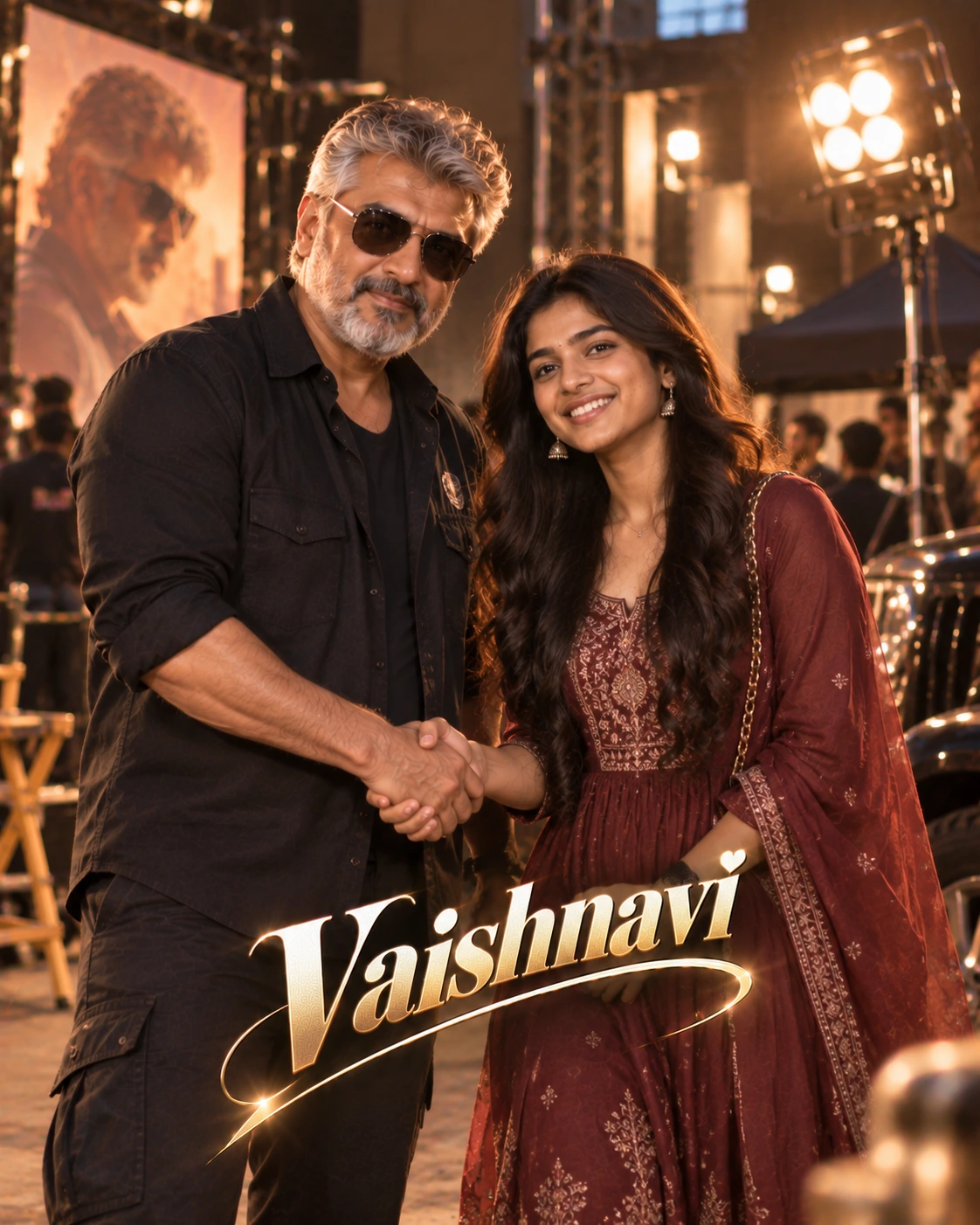 Vaishnavi with Ajith Kumar — Warm Tungsten Luxury Dream Poster — Instagram Posts AI poster reference