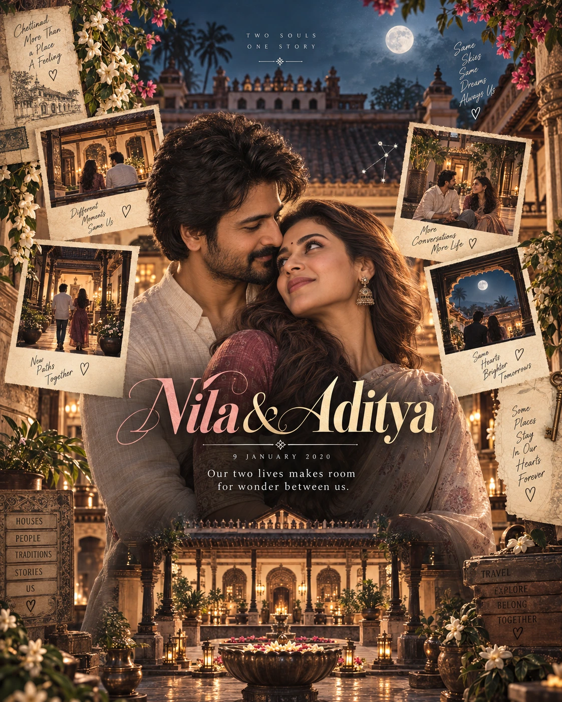 Chettinad Postcard Cascade Two Souls — Wedding AI poster reference
