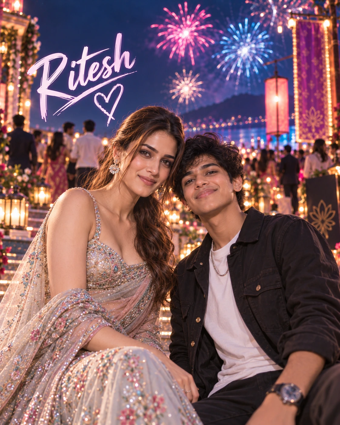 Ritesh with Kriti Sanon — Neon Night Energy Dream Poster — Instagram Posts AI poster reference