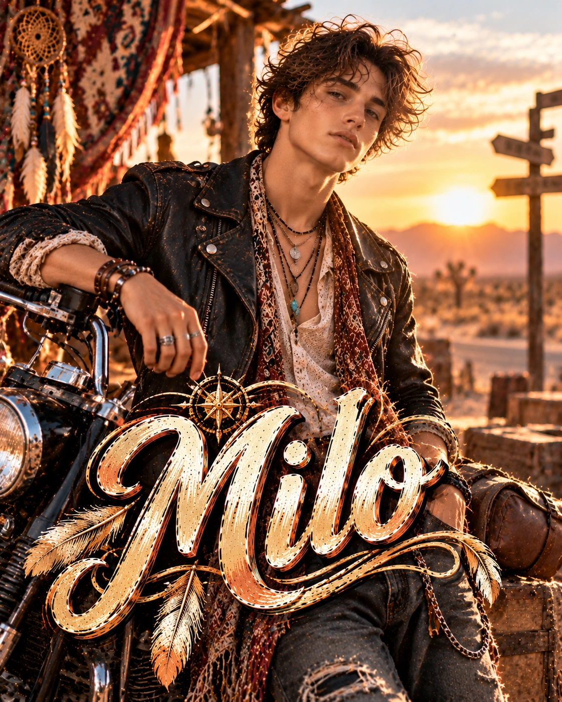 Milo — Moto Boho Environmental Halfbody Profile Poster — Instagram Posts AI poster reference