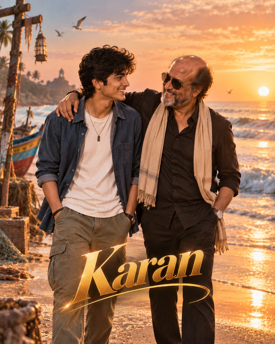 Karan with Rajinikanth — Beach Sunrise Memory Dream Poster — Instagram Posts AI poster reference