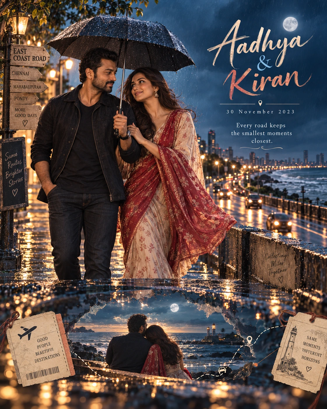 ECR Coast Rain Reflection Love Journey — Anniversary AI poster reference