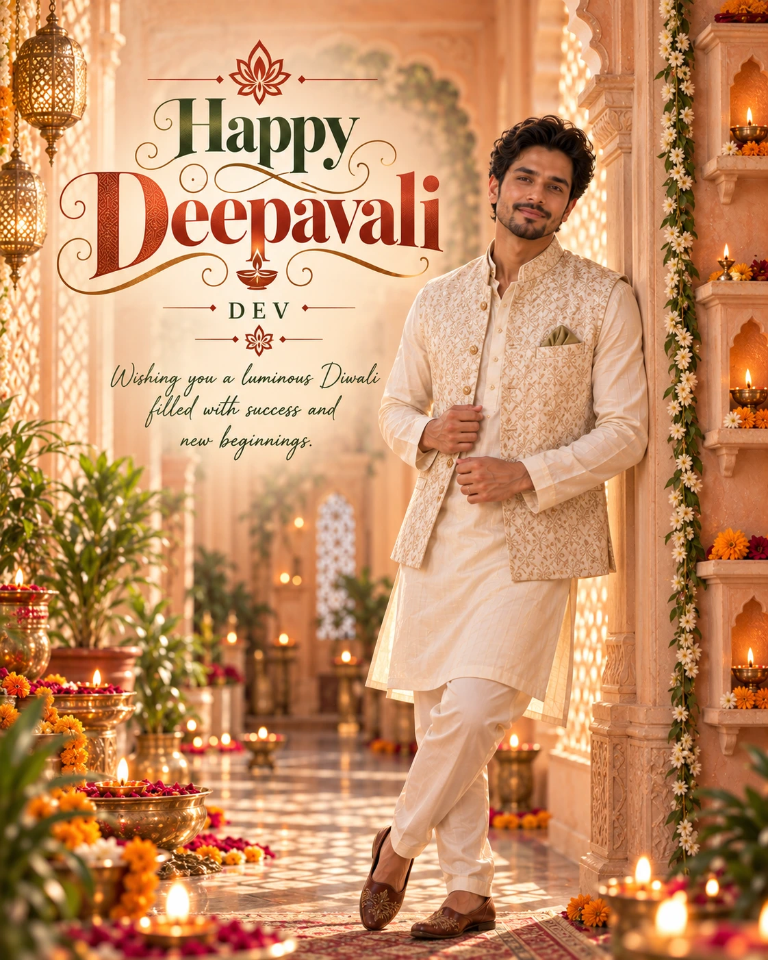 Peach Haveli Corridor Editorial Portrait Diwali Wishes — Dev — Greeting Cards AI poster reference