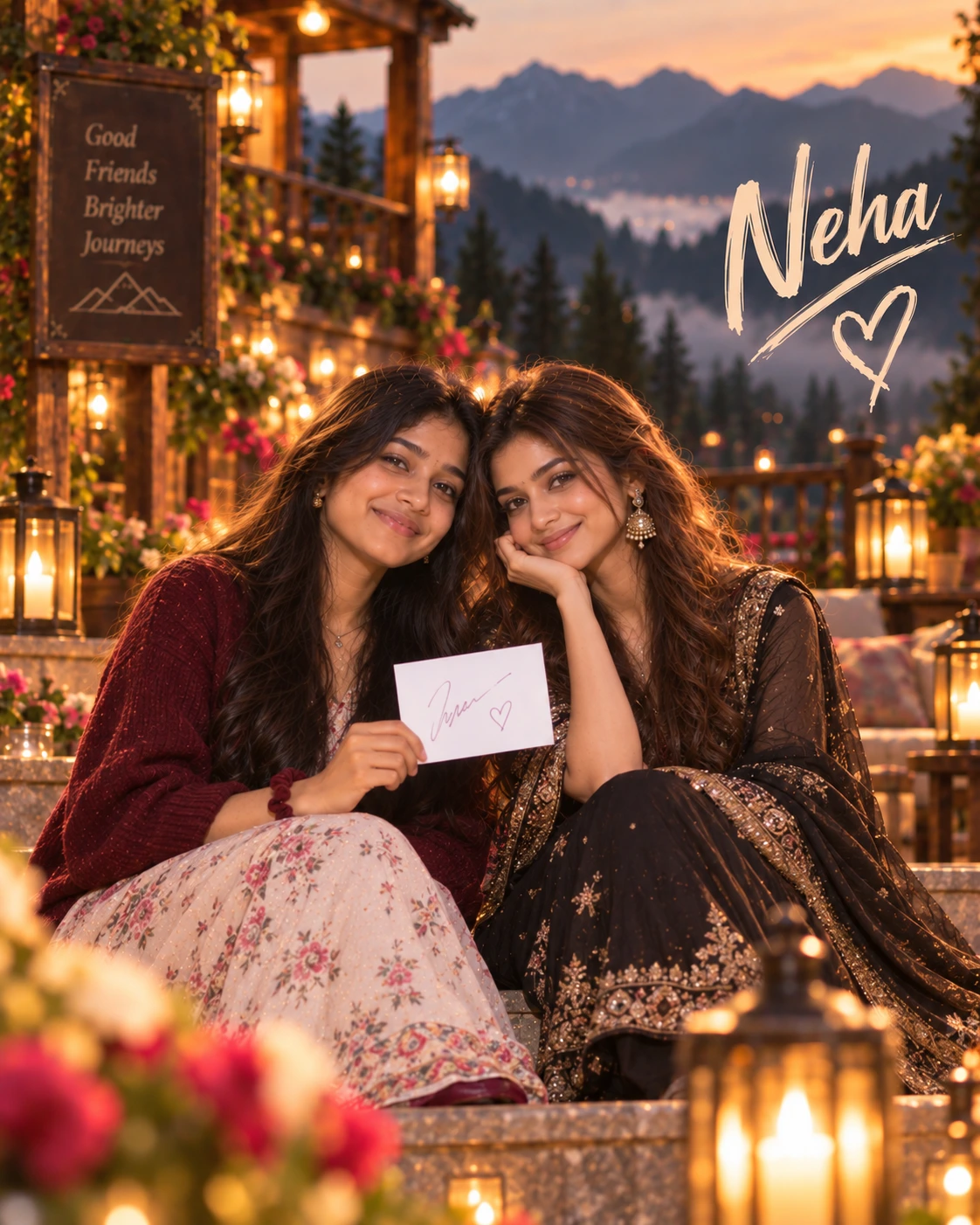 Neha with Sreeleela — Warm Tungsten Luxury Dream Poster — Instagram Posts AI poster reference