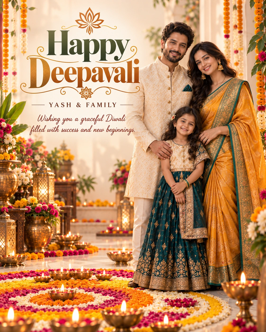 Floral Rangoli Floor Editorial Portrait Diwali Wishes — Yash & Family — Greeting Cards AI poster reference