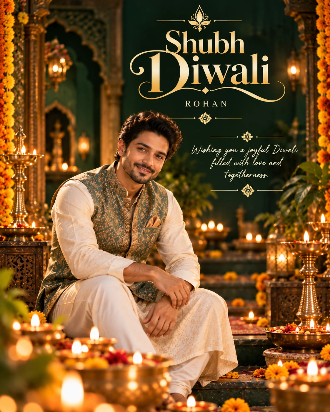Emerald Night Haveli Cinematic Layered Story Diwali Wishes — Rohan — Greeting Cards AI poster reference