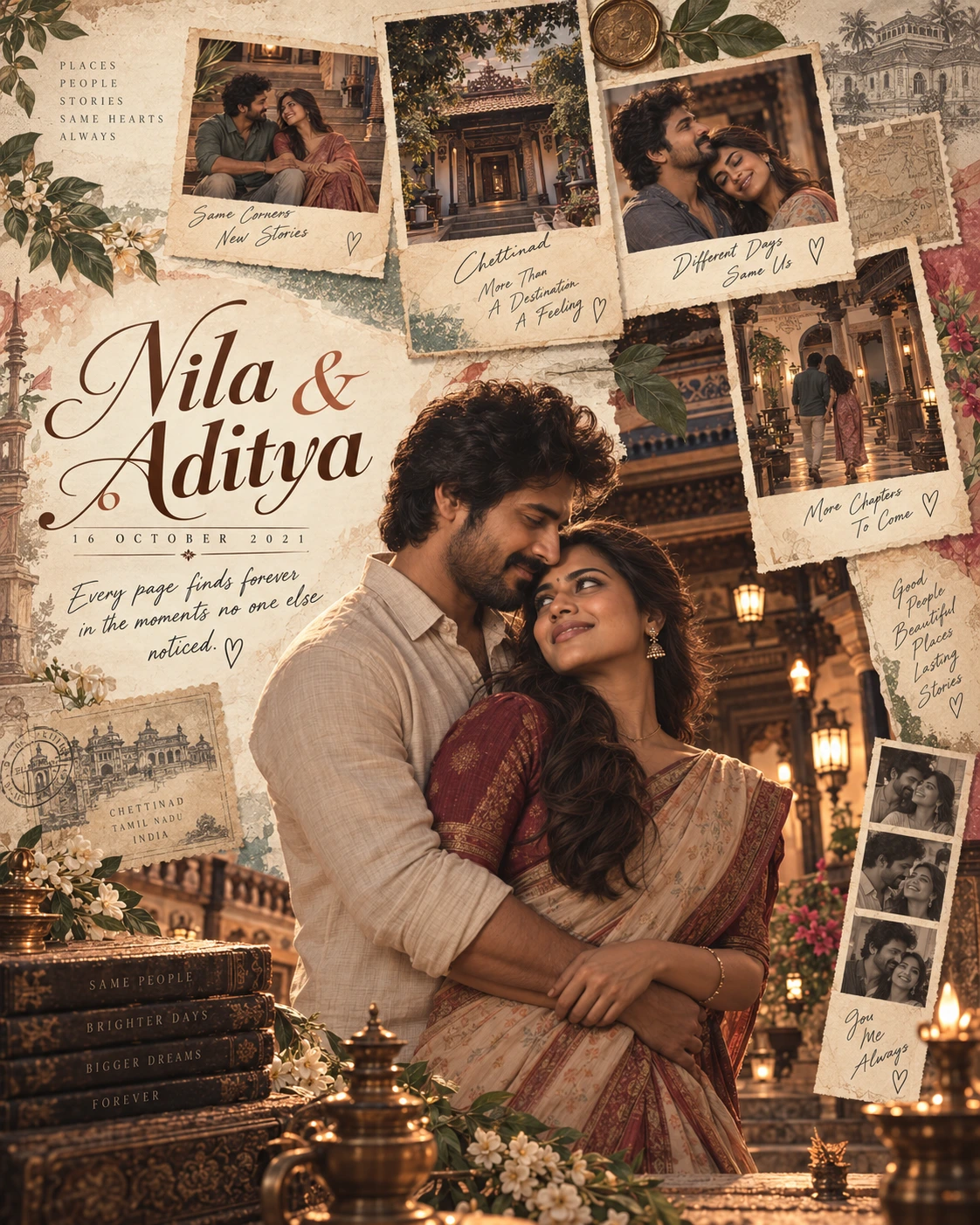 Chettinad Postcard Cascade Storybook Love — Anniversary AI poster reference
