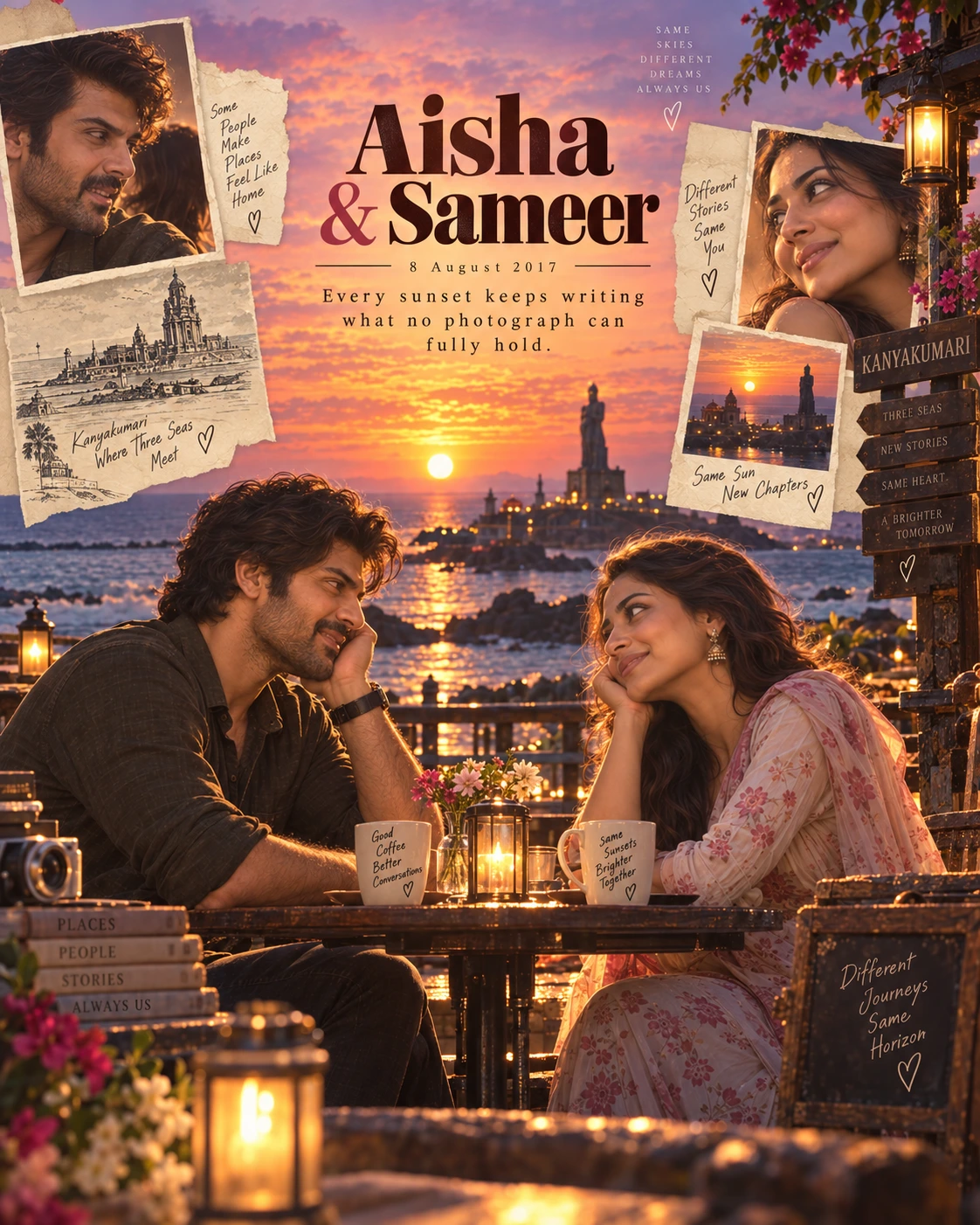 Kanyakumari Letter Layers Sunset Love — Engagement AI poster reference