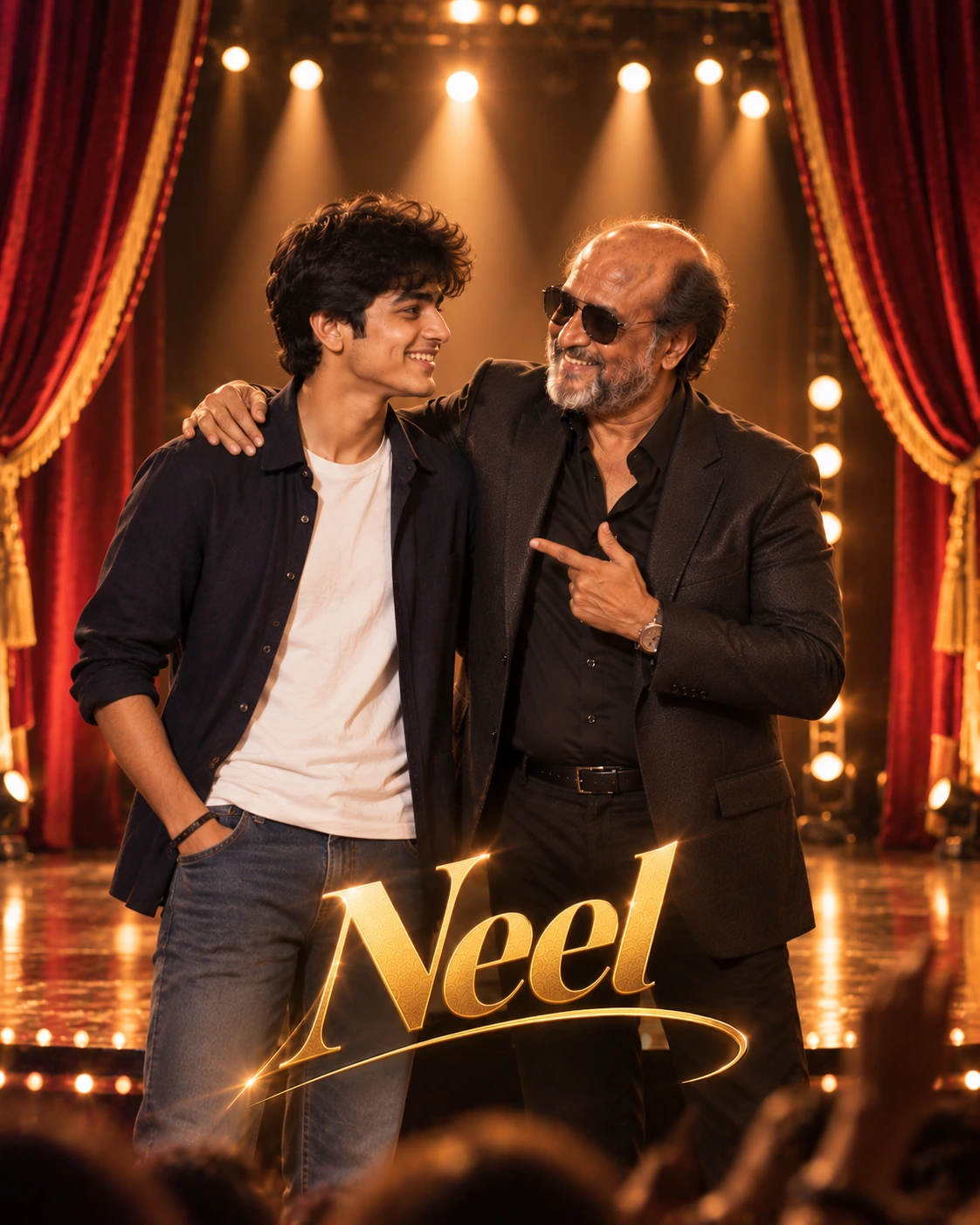 Neel with Rajinikanth — Theatre Stage Glow Dream Poster — Instagram Posts AI poster reference