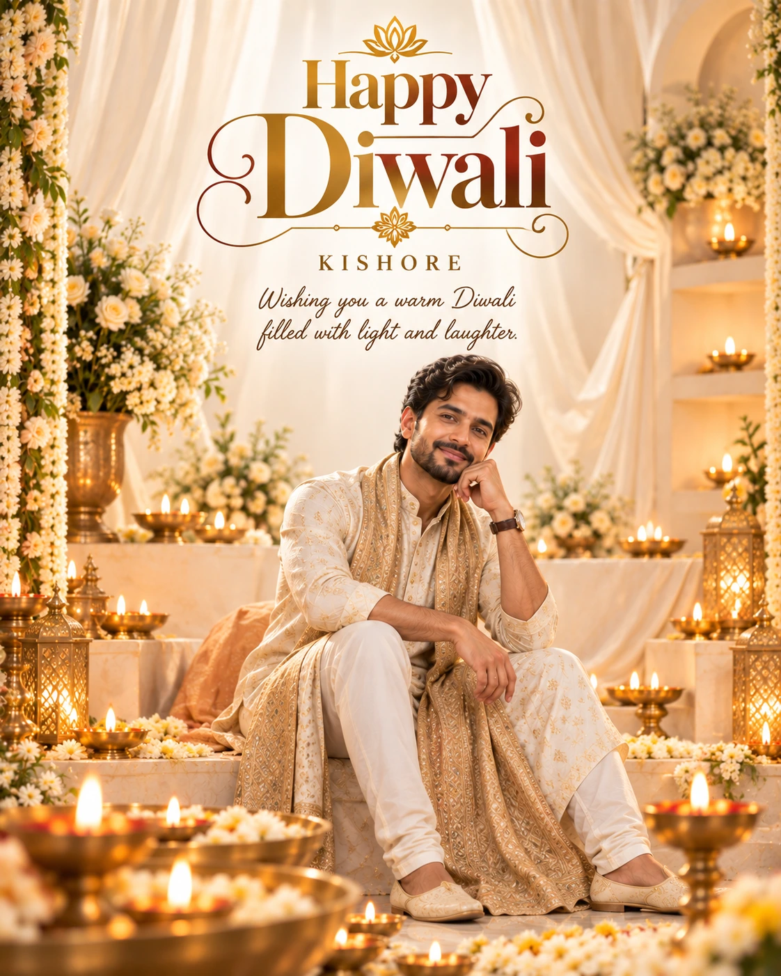 Ivory Silk Drape Cinematic Layered Story Diwali Wishes — Kishore — Greeting Cards AI poster reference