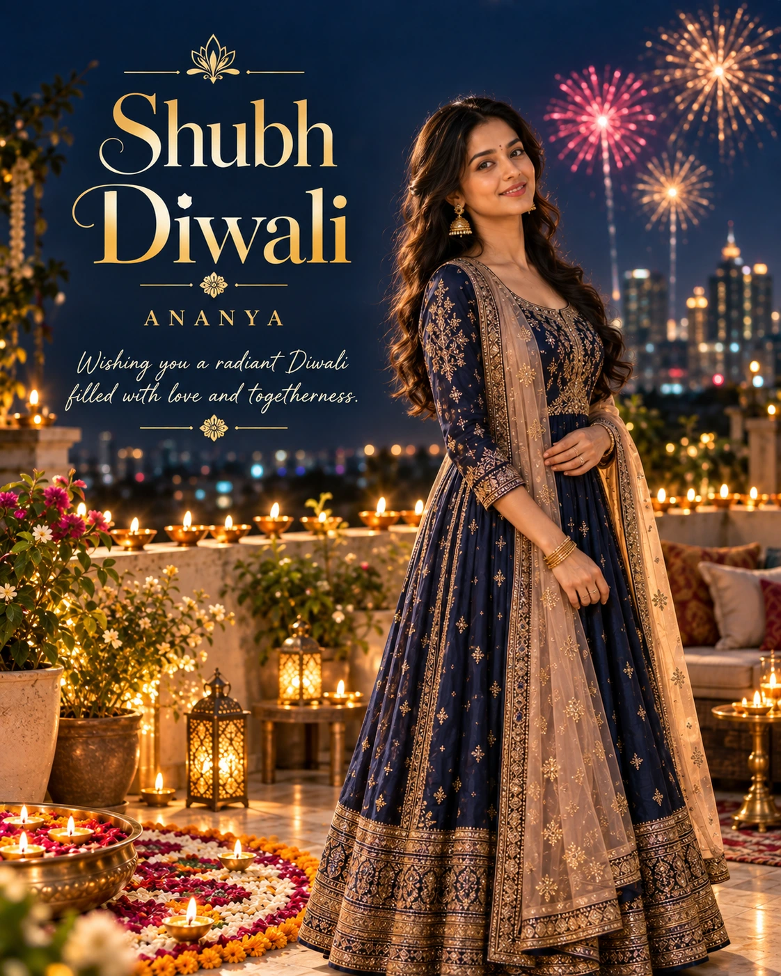 Midnight Firework Rooftop Editorial Portrait Diwali Wishes — Ananya — Greeting Cards AI poster reference