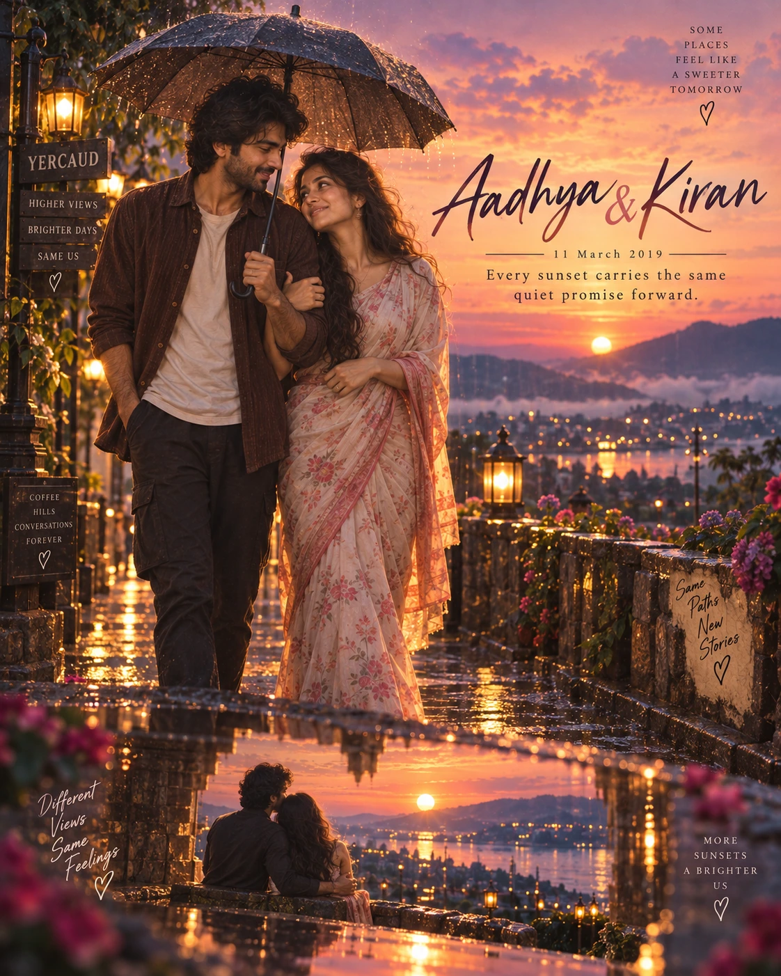Yercaud Rain Reflection Sunset Love — Engagement AI poster reference