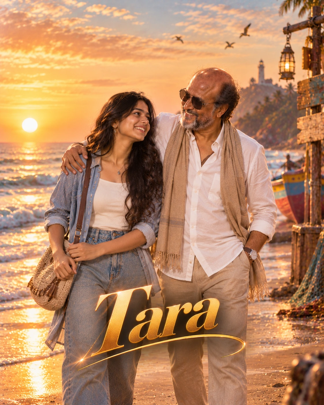 Tara with Rajinikanth — Beach Sunrise Memory Dream Poster — Instagram Posts AI poster reference