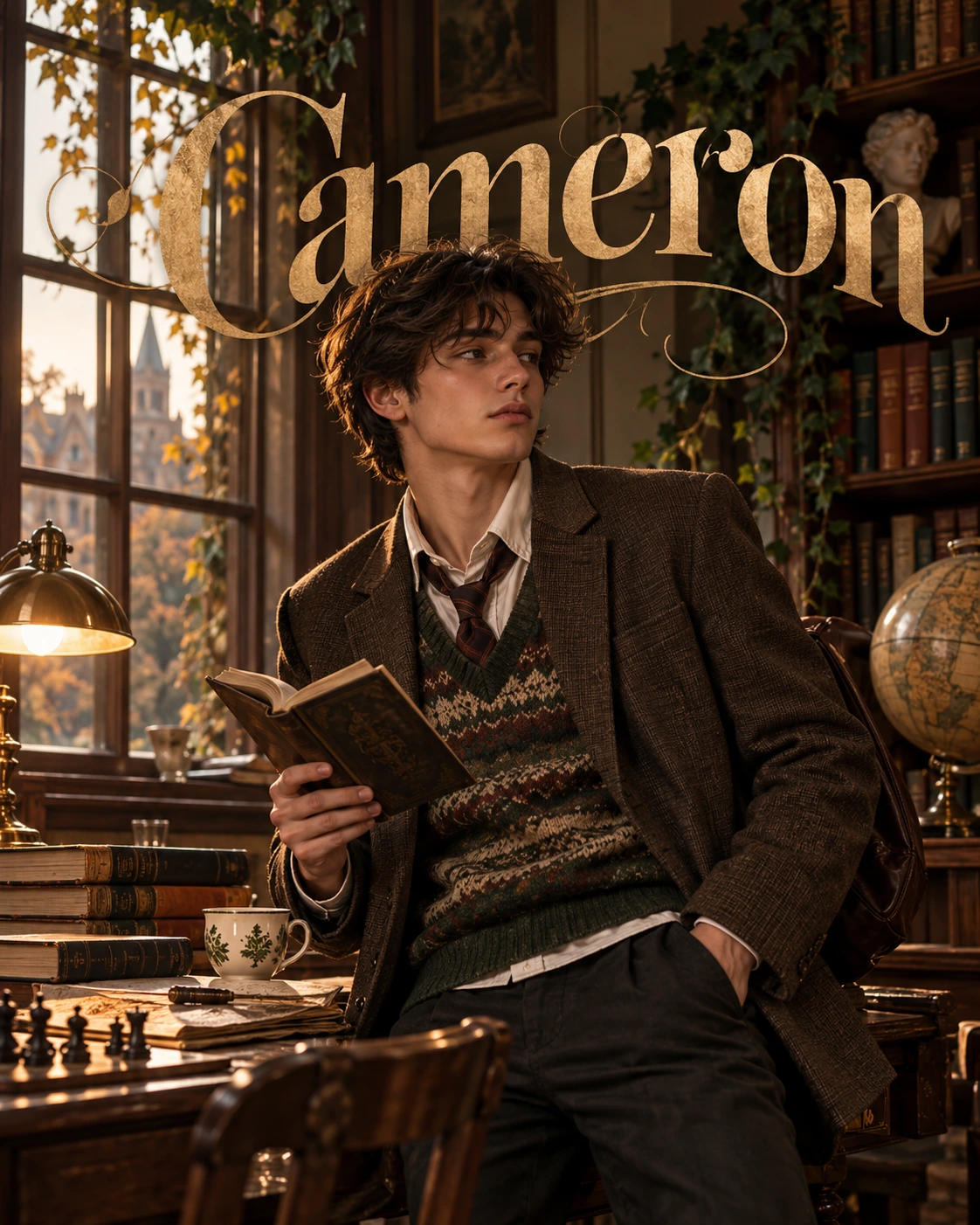 Cameron — Dark Academia Lite Environmental Halfbody Profile Poster — Instagram Posts AI poster reference