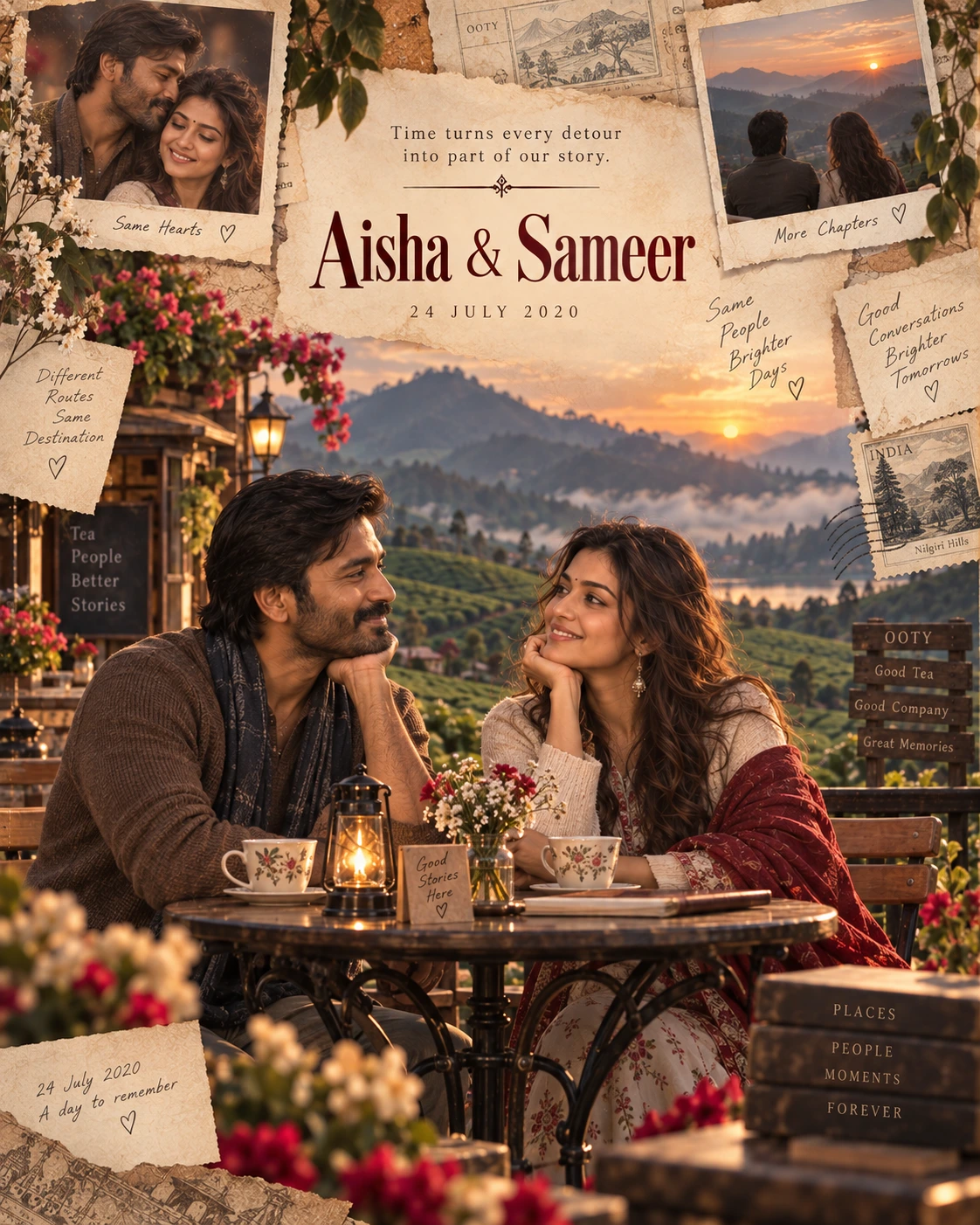Ooty Tea Letter Layers Timeless Love — Anniversary AI poster reference
