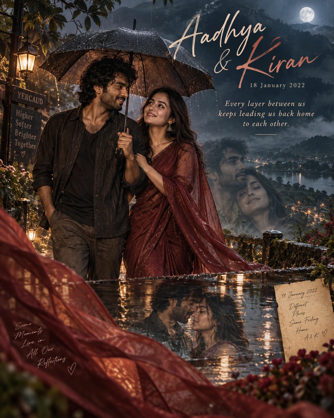 Yercaud Rain Reflection Layered Romance — Anniversary AI poster reference